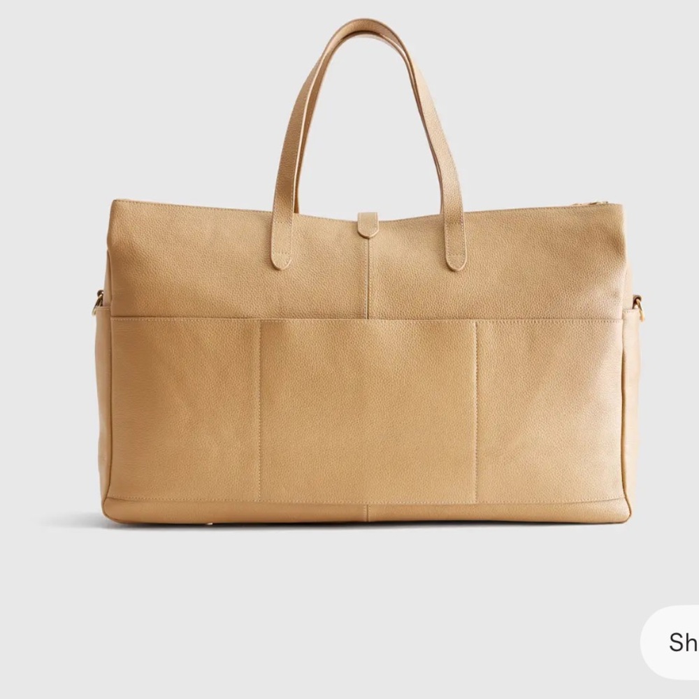 Quince Beige Italian Leather Triple Compartment Weekender Travel Bag